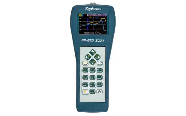 The RigExpert AA-650 ZOOM is a powerful 0.1 to 650 MHz antenna analyzer designed for testing, checking, tuning, or repairing antennas and antenna feed-lines.