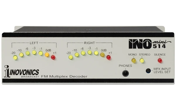 The Inovonics 514 is a standalone decoder for FM-stereo multiplex demodulating an FM-baseband input decoding the signal to discrete L and R audio.