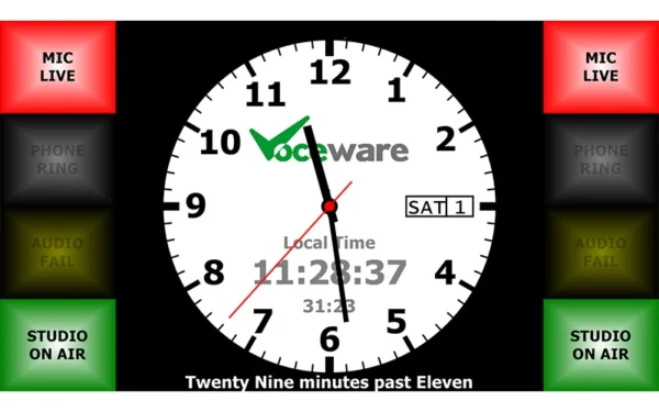 The Voceware VClock Standard is a feature-rich studio clock system that combines sleek visual presentation with the reliability that professional broadcast environments demand.