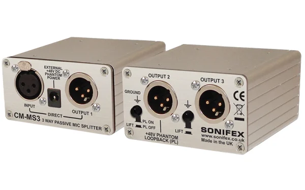 The Sonifex CM-MS3 is a passive “one-to-three” splitter housed in a small but robust aluminium box.