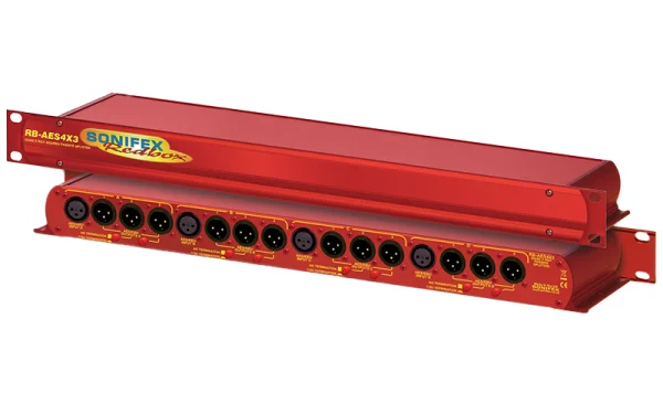Sonifex RB-AES4x3 front and rear panel with 4 AES inputs and 3 XLR outputs per channel