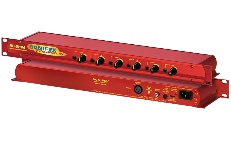 The Sonifex RB-DHD6 Headphone Amplifier receives a digital input signal, as either AES/EBU or S/PDIF and converts it to 6 individual headphone outputs.
