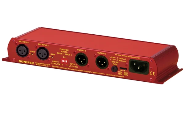 The Sonifex RB-MA2 consists of two independent low-noise microphone pre-amplifiers for converting mic level signals to line level, or for driving long lines from microphones to processing equipment.
