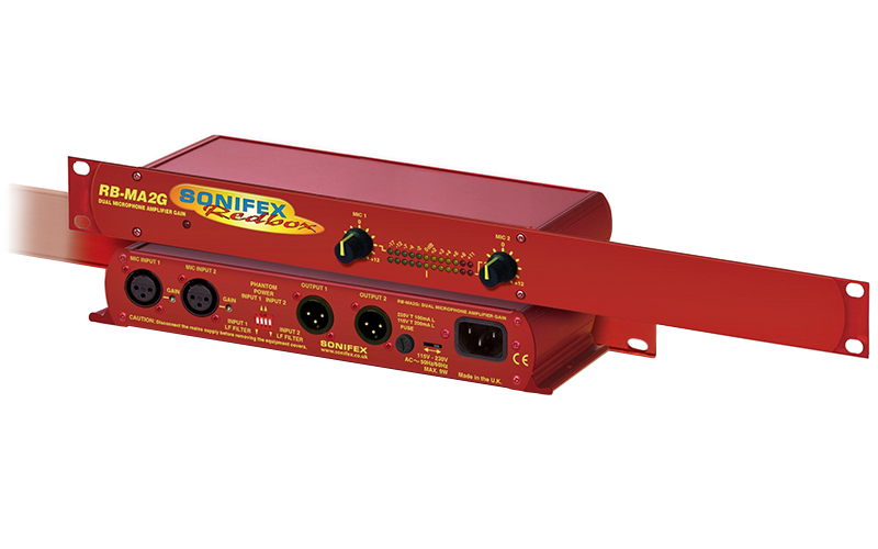 The Sonifex RB-MA2G consists of two independent low-noise microphone pre-amplifiers with front panel level controls and metering, for converting microphone level signals to line level, or for driving long lines from microphones to mixing equipment.