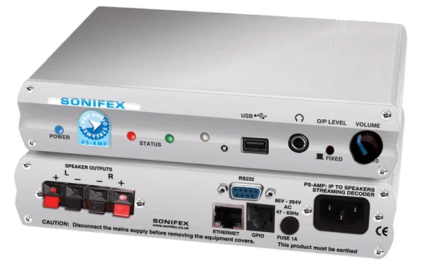 The Sonifex PS-AMP is a freestanding unit which converts an IP audio stream directly to speaker outputs.