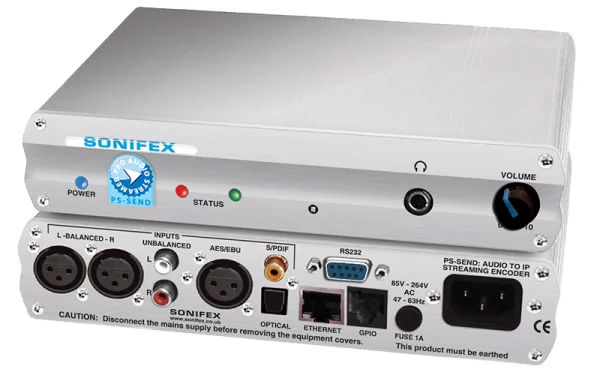 The Sonifex PS-SEND-SD is a freestanding audio to IP converter which is also available in a 1U rack-mount as the PS-SENDS-SD.