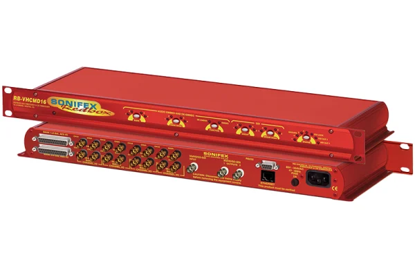The Sonifex RB-VHCMD16 is a 16-channel de-embedder and 16 channel embedder combined into a single 19-inch rack unit.