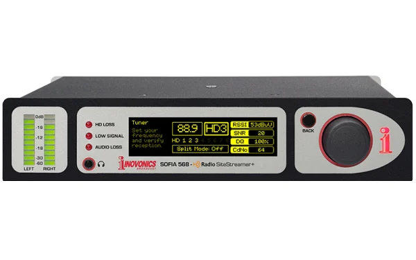 The Inovonics SOFIA 568 HD-Radio SiteStreamer+ provides analog, AES3-digital and AoIP-streaming audio outputs. Multiple stations can be monitored.