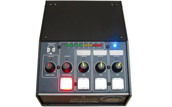 The Glensound MINFERNO/3 is a high-performance single-commentator’s box designed for professional broadcast, sports commentary, and live event production over Dante® audio networks.