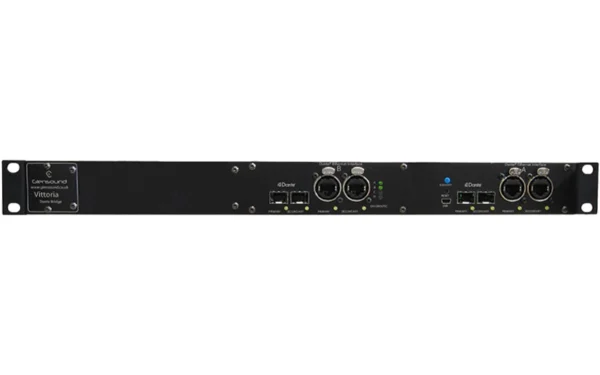 The Glensound Vittoria 64 DD is a 64-channel Dante-to-Dante network bridge that provides a robust firewall between two independent Dante network interfaces.