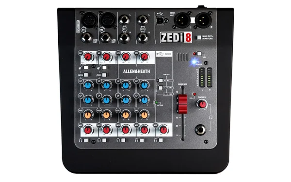 The Allen & Heath ZEDi-8 features two microphone inputs and a 2×2 USB interface, enabling a co-presenter or guest to have a dedicated microphone channel.