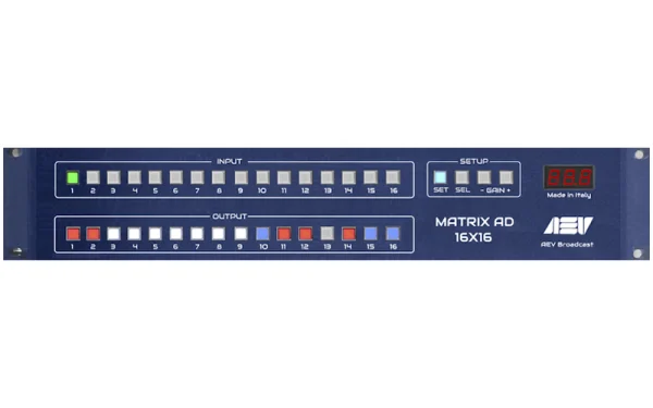 The AEV MATRIX AD 16x16 is 2U rack-mount 19" high quality audio MPX switcher equipped with one Main input, four Sub inputs and four outputs.