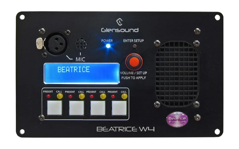 The Glensound Beatrice W4 is a versatile intercom interface for the Beatrice system, designed for flush mounting on walls or desks.