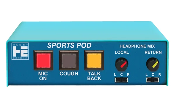 The Henry Engineering SPORTS POD is an announcer’s mic/headphone controller and intercom system for use by talent at a remote broadcast.