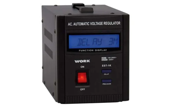 The Work Pro EST-1K Voltage Regulator maintains a constant output supply when voltage oscillates between 140 and 250 V AC with up to 1000 VA load.